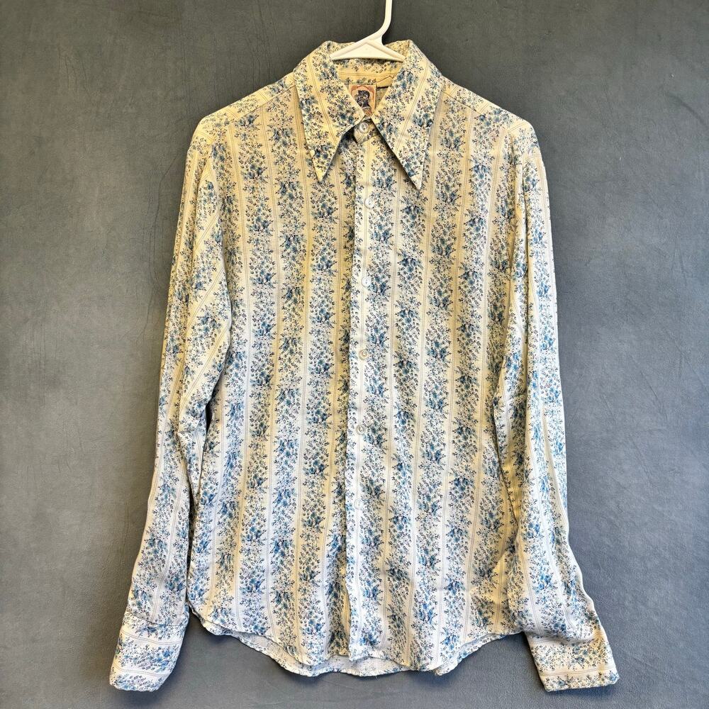 Vintage Kennington California Floral Disco Shirt Blue Cream 70s M Made in USA